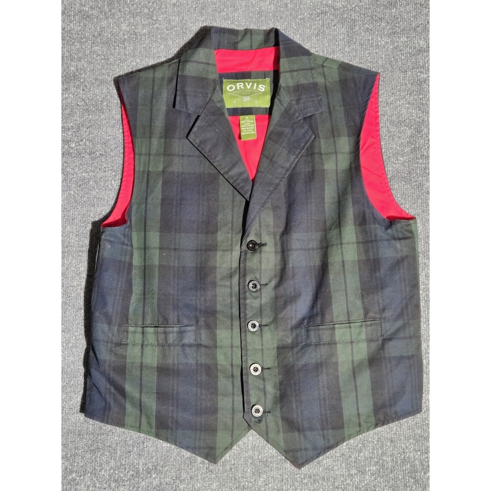 Orvis Plaid Vest Mens Medium Green Navy Tartan Preppy Cotton Button Front